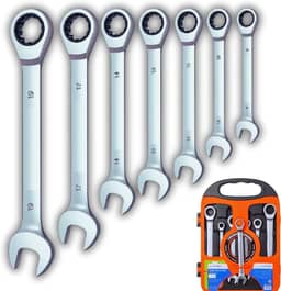 Kit 7 Chaves Combinadas com Catraca Articulada | Aço Cromo Vanádio | Cromado Fosco | Estojo Incluso