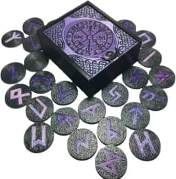 Caixa de Runas Nordicas Preta, 25 Peças com Símbolos Roxos, Conjunto de Runas Místicas Viking para Adivinhação