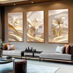 Kit com 3 Quadros Decorativos 30x50 cm Floral Vibrante Contemporâneo com Moldura Retangular com 2cm de largura Natural, na posição Vertical, ideal para ambiente de Sala, Quarto e Hall. Tamanho dos quadros montado na parede 50x94cm.