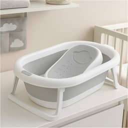 PIPDIP Kit Banheira Dobrável para Bebê, Modelo 2 em 1, Com Encosto, Capacidade de até 44 Litros, Portátil, Plástico e Borracha, Branco e Cinza.