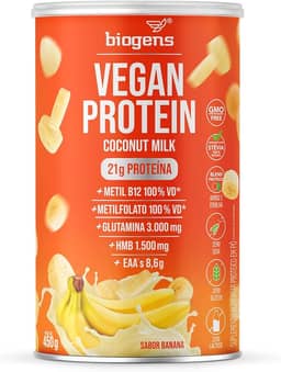 Vegan Protein coconut milk, 21g de proteína ervilha e arroz, GMO Free, Glutamina, HMB, EAAs, Vitaminas B Metil, 450g, Biogens (Banana)