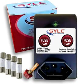 Protetor Elétrico Contra Surtos, Picos de Corrente e Raios 10A Para Geladeiras e Freezers, Caixa Plástica ABS Antichama, Tomada Macho 2 Pinos, Fêmea 3 Pinos, LED Indicador (127V)