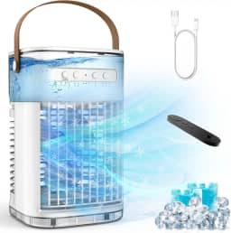 Mini ar condicionado, ar-condicionado portátil CA com controle remoto, carregamento USB, tanque de água de 1,2 L e 2 caixas de gelo, temporizador de desligamento automático, refrigerador de ar