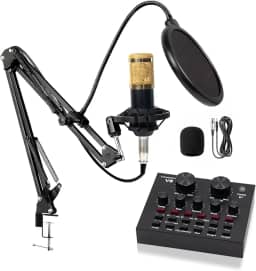 Microfone Condensador, Kit Microfone Condensador com Placa de Som e Braço Articulado e Pop Filter para Transmissão Ao Vivo, Podcast, Gravação de Audio