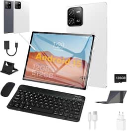 3 em 1 Tablet, com Capa/Teclado/Mouse, 10.1 Polegada, 1920×1200 Tela, 1920x1200 Tela Processador Octa-Core, 12GB RAM+512GB ROM, Câmera de 16MP + 32MP, Android 15, 8000mAh, Versão WiFi (branco)