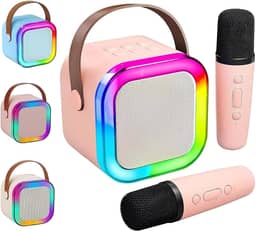 Caixa de Som Karaokê Portátil com 02 Microfones Sem Fio | Testados Previamente | com Luzes LED RGB e Vozes Auto Tune - Envio de Cores Conforme Disponibilidade