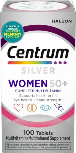 Centrum Multivitamínico feminino Silver 50 Plus, suplemento multivitamínico/multimineral com vitamina D3, vitaminas B, ingredientes não OGM, auxilia na memória e cognição em adultos mais velhos - 100