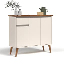 Aparador Balcão Armário Bancada Cozinha Cantinho do Café Buffet Sala de Jantar Bar e Estar com 3 Portas e 1 Gaveta Retrô Veneza (Offwhite/Freijó)