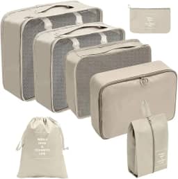 Organizador Viagem Kit 7 Peças - Necessaire para Bagagem Malas Roupas Bolsa Cosméticos Higiene - Dobrável Impermeável Multiuso Feminina Masculina Unissex Grande Compacto Prático (BEGE)