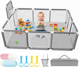 Cercadinho para Bebe 150×180 cm, Adequada para Crianças e Bebês, Uso Interno e Externo, Painéis com Tela Respirável e Antiqueda, Acompanha Bolinhas de Piscina, Alças de Apoio e Bolsa de Armazenamento