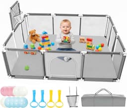 Cercadinho para Bebe 150×180 cm, Adequada para Crianças e Bebês, Uso Interno e Externo, Painéis com Tela Respirável e Antiqueda, Acompanha Bolinhas de Piscina, Alças de Apoio e Bolsa de Armazenamento