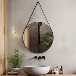 Espelho Redondo 60cm Adnet com Alça de Couro Decoração Moderna para Banheiro Sala ou Quarto (Preto)