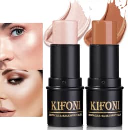 Kit de maquiagem em bastão de contorno creme, bastão iluminador de creme e bastão de bronzeador para bochechas, leve, misturável, suave - iluminador e bronzeador (#04 ouro rosa claro # 07 café)