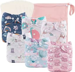 babygoal Fraldas de pano reutilizáveis, pacote com 6 + 6 peças de rayon de inserções de bambu + bolsa úmida, tamanho único, capas de fraldas laváveis ajustáveis para bebês meninas e meninos 6FG38