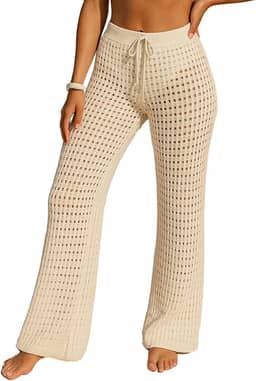Saída De Praia Calça Tricot Crochê Pantalona Alto Verão Cintura Alta Moda Feminina
