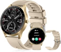 Smartwatch PEJE Relógio Smartwatch com Pulseira Extra - Tela Touch HD 1.28",À Prova d'Água IP68,Faz Chamadas Bluetooth,123+ Modos Esportivos,Bateria de 5-7 Dias,Compatível com iOS/Android.（Dourado）