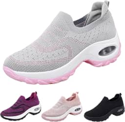 Tênis feminino com plataforma ortopédica de malha de malha com suporte de arco, leve, respirável, antiderrapante, para treino, corrida, trabalho, mocassim