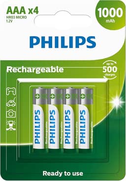 Pilha recarregável AAA 1.2V 1.000mAh, PHILIPS, padrão, R03B4RTU10/59
