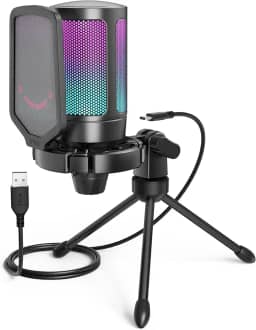 FIFINE Microfone USB Para Jogos Para PS5 PC, Microfone Condensador Com Mudo Rápido, Indicador RGB, Suporte De Tripé, Pop Filter, Suporte De Choque, Controle De Ganho Para Twitch Podcasts -A6V