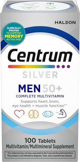Centrum Multivitamínico prata para homens 50 Plus, suplemento multimineral, vitamina D3, vitaminas B e zinco, sem glúten, ingredientes não OGM, auxilia na memória e cognição em adultos mais velhos -
