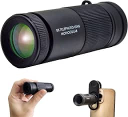 Telescópio monocular FotoZ 8X para iPhone e Android e a maioria dos smartphones, com lente teleobjetiva de zoom óptico de 8X e clipe universal de telefone de 17 mm e bolsa de armazenamento