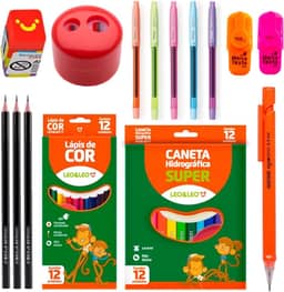 Kit Material Escolar Infantil Canetinha Lápis de Cor Apagável Marca Texto Apontador Borracha - Leo e Leo (Vermelho)