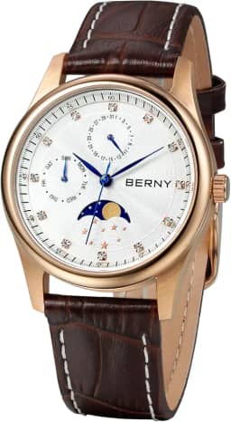 Relógio feminino multifuncional com calendário e fases da lua - caixa de aço inoxidável e pulseira de couro