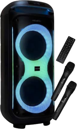 Caixa de Som Bluetooth Portátil 300W TWS, 2 Woofers 8 Polegadas, Bateria 12V 10Ah, Tela Digital, Entradas USB e AUX com 2 Microfones sem Fio para Festas e Karaokê - Preto