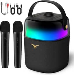 Caixa de som Bluetooth, caxinha de som portátil 80 W com imersivo graves/agudos, máquina karaoke com dois microfones sem fio, iluminação LED de 360° para casa, ambientes externos, festa, com rádio FM