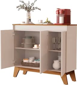 Buffet Cancun 3 Portas Aparador Balcão Cantinho Do Café Para Sala De Estar (Off White/Freijó)
