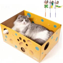 Pawise Caixa arranhadora de papelão resistente para gatos com 2 almofadas recarregáveis e furos Peekaboo – Caixa grande para gatos internos + varinha de brinquedo bônus para gatos