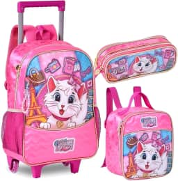 Kit Mochila Infantil Carrinho Rodinha Menina Gatinha Nini