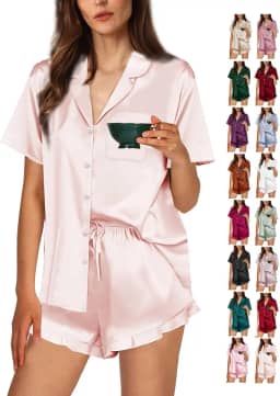 Conjunto de pijama feminino de cetim sedoso PP-4GG com babados, roupa de casa, roupa de dormir