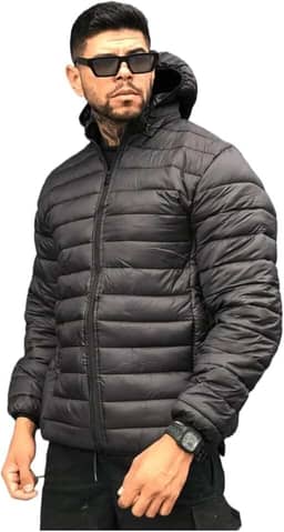 Jaqueta Puffer Masculina com Capuz, Cinza, Acolchoada, Zíper Frontal, Inverno