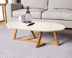 Mesa de Centro Sala Classic Oval com Pés em Madeira Maciça Off White/Amendoa