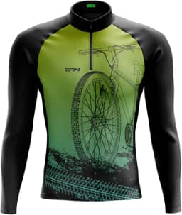 Loja Para Ciclistas Camisa Ciclismo Masculina Manga Longa Slim Proteção UV Bolso Traseiro Zíper 15cm Estampa Bike Verde Preta