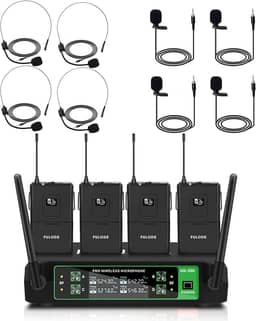 Microfone de lapela sem fio UG-550, sistema de microfone sem fio UHF profissional de 4 canais com 4 microfones de lapela e 4 fones de ouvido para cantar, reunião, igreja, evento, TV,