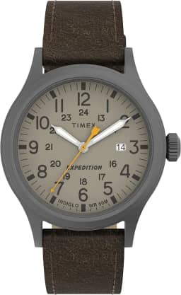 Relógio masculino Expedition Scout de 40 mm – caixa preta e mostrador com pulseira deslizante de couro oliva