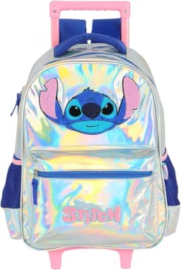 Mochila De Rodinha E Alca Stitch Holografica Prata Luxcel