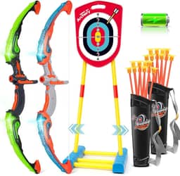 KIDDITOY Arco e Flecha para Crianças 6-8 8-12, Conjunto de Brinquedos de Tiro com Arco para Crianças 6+ com Alvo Em Pé - Recarregável/2 Arcos Iluminados/20 Flechas, Brinquedos para Crianças 4-6 7 8 9