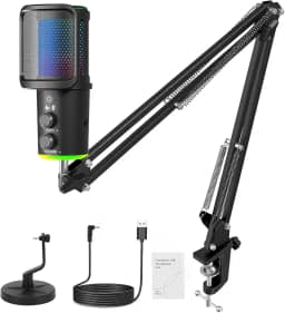 Microfone RGB,NEW USB Mic para PC/Notebook, com Arm, Condensador Mic, Aplicável Live, Podcast, Gravação de Audio, Karaoke, DJ, Gamer Youtuber