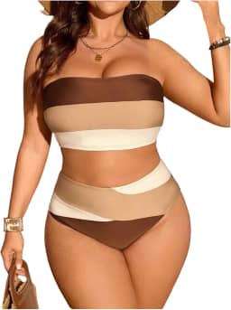 Conjunto de biquíni feminino de 2 peças, plus size, cintura alta, colorblock e cobertura total