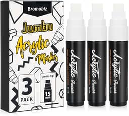 3 marcadores de pôster jumbo brancos, ponta de feltro grossa de 15 mm de largura, marcadores grandes de tinta acrílica para pintura em madeira, pedras, parede, plástico e metal, perfeitos