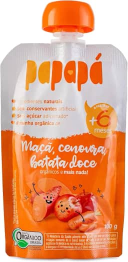 Papapá, Papinha Orgânica de Frutas, Sabor Maçã, Cenoura e Batata Doce, 100g, Sem Açúcar Adicionado, Ingredientes Naturais