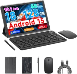 COOPERS Tablet Android 15, tablet de 10 polegadas, 18 GB de RAM + 128 GB de ROM 2 TB expansível, processador quad-core de 2,0 GHz, WiFi 5G 6 BT5.0, câmeras duplas, tablets 2 em 1 com capa de teclado