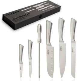 Jogo de Facas Profissional 6 Peças Premium TENDEN – Conjunto de Facas de Cozinha Aço Inox 3Cr13. Kit com Faca Chef 8”, Santoku 7”, Pão 8”, Multiuso 5”, Precisão 3,5” + Chaira, Caixa Magnética Presente