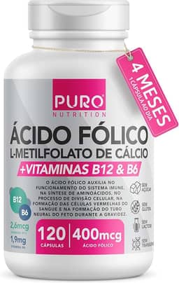 L-Metilfolato Ácido Fólico Puro Nutrition, 400 mcg de Ácido Fólico, Vitaminas B12 e B6, 120 Cápsulas