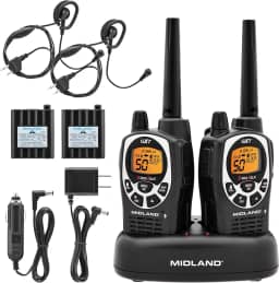 Midland 50 canais à prova d'água GMRS rádio bidirecional – Walkie Talkie de longo alcance com 142 códigos de privacidade, Sirene SOS e alertas meteorológicos NOAA (preto/prata, pacote com par)