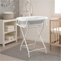 PIPDIP Kit Banheira Dobrável de Bebê, Infantil, Modelo 3 em 1, Com Encosto, Capacidade de até 44 Litros, Portátil, Suporte de Altura, Plástico e Borracha e Ferro, Branco e Cinza.