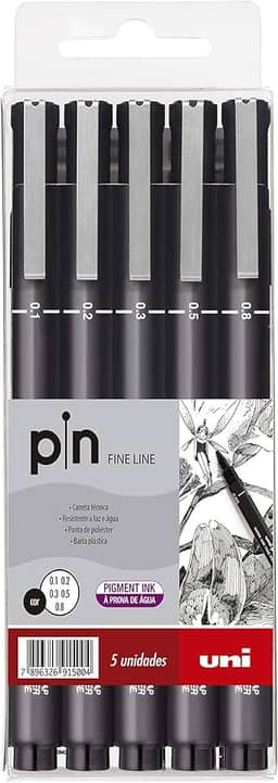 Caneta Técnica Pin Fine Line, Uni-Ball, Preta, Estojo c/5 unidades (0.1, 0.2, 0.3, 0.5 e 0.8 mm)